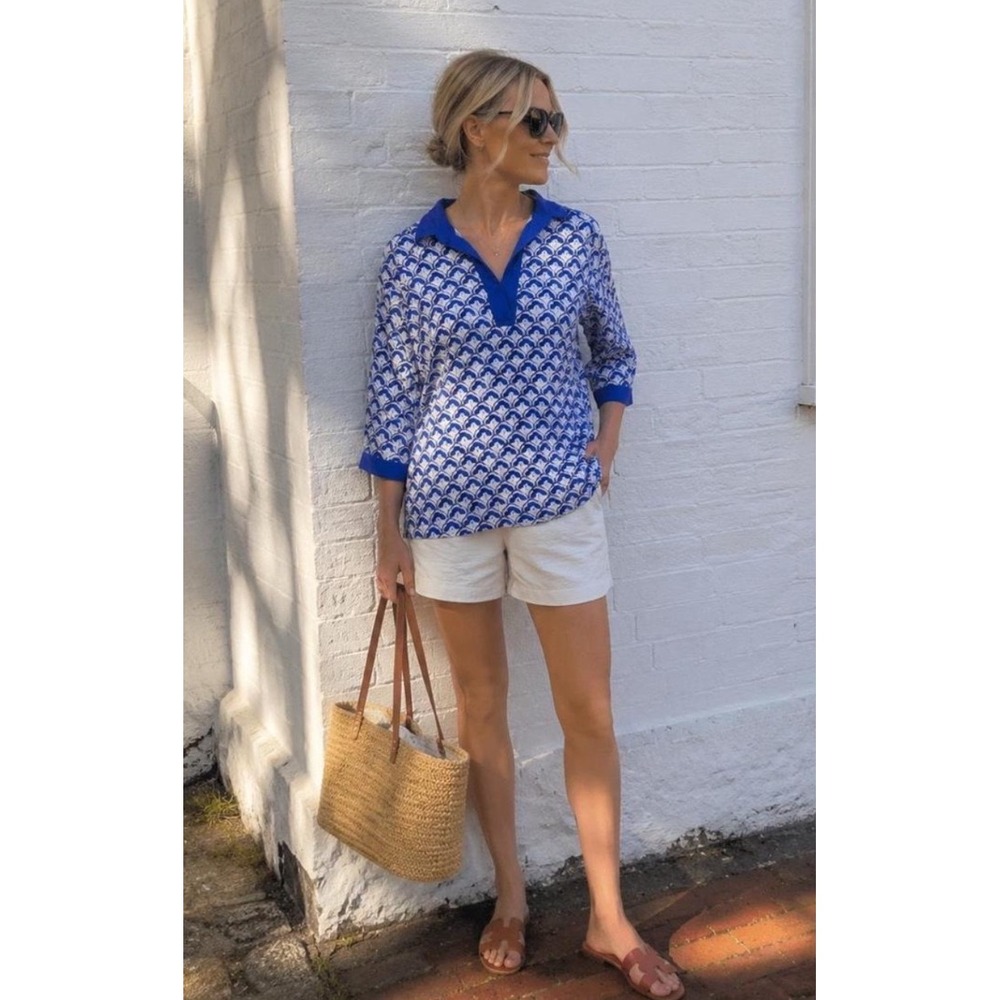 Sigrid Olsen Blue White Tunic Top Linen 3/4 Sleeve NWT V Neck Coastal Vacation S